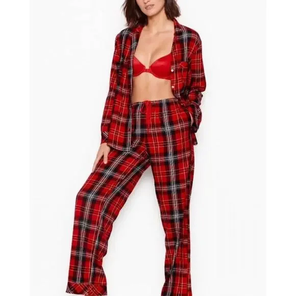 Victoria's Secret Shimmer Flannel Long Sleeve Shirt Pants Plaid Pajama Set Large - Picture 3 of 16